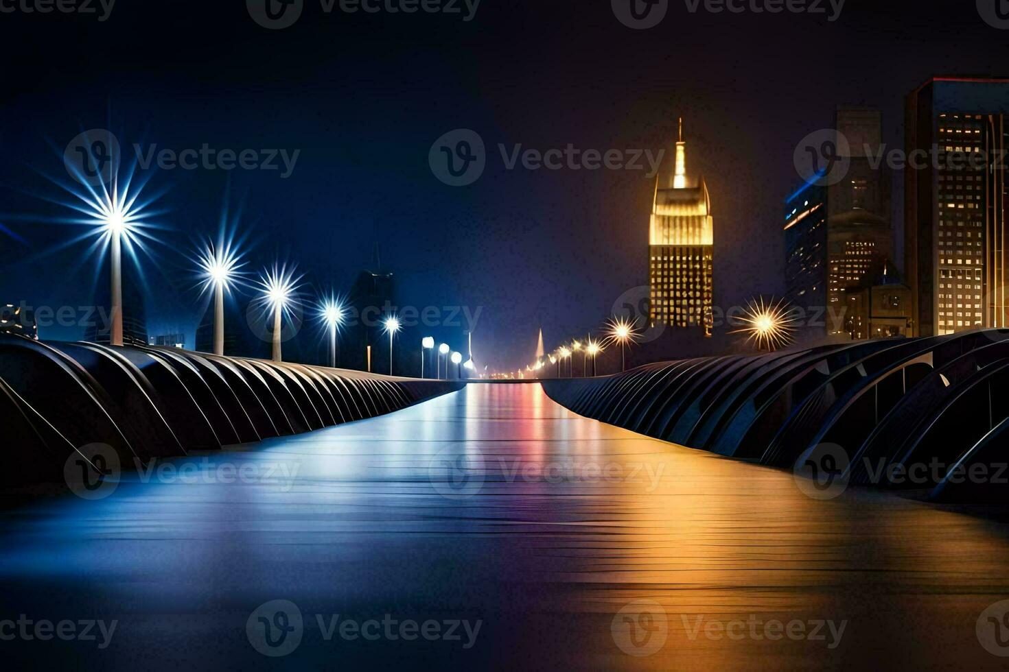 ein lange Brücke mit Beleuchtung auf es beim Nacht. KI-generiert foto