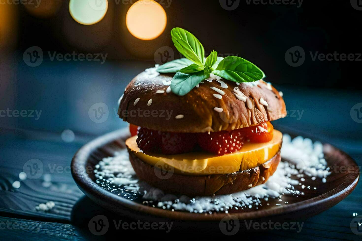 ein Hamburger mit Erdbeeren und Käse auf ein hölzern Platte. KI-generiert foto