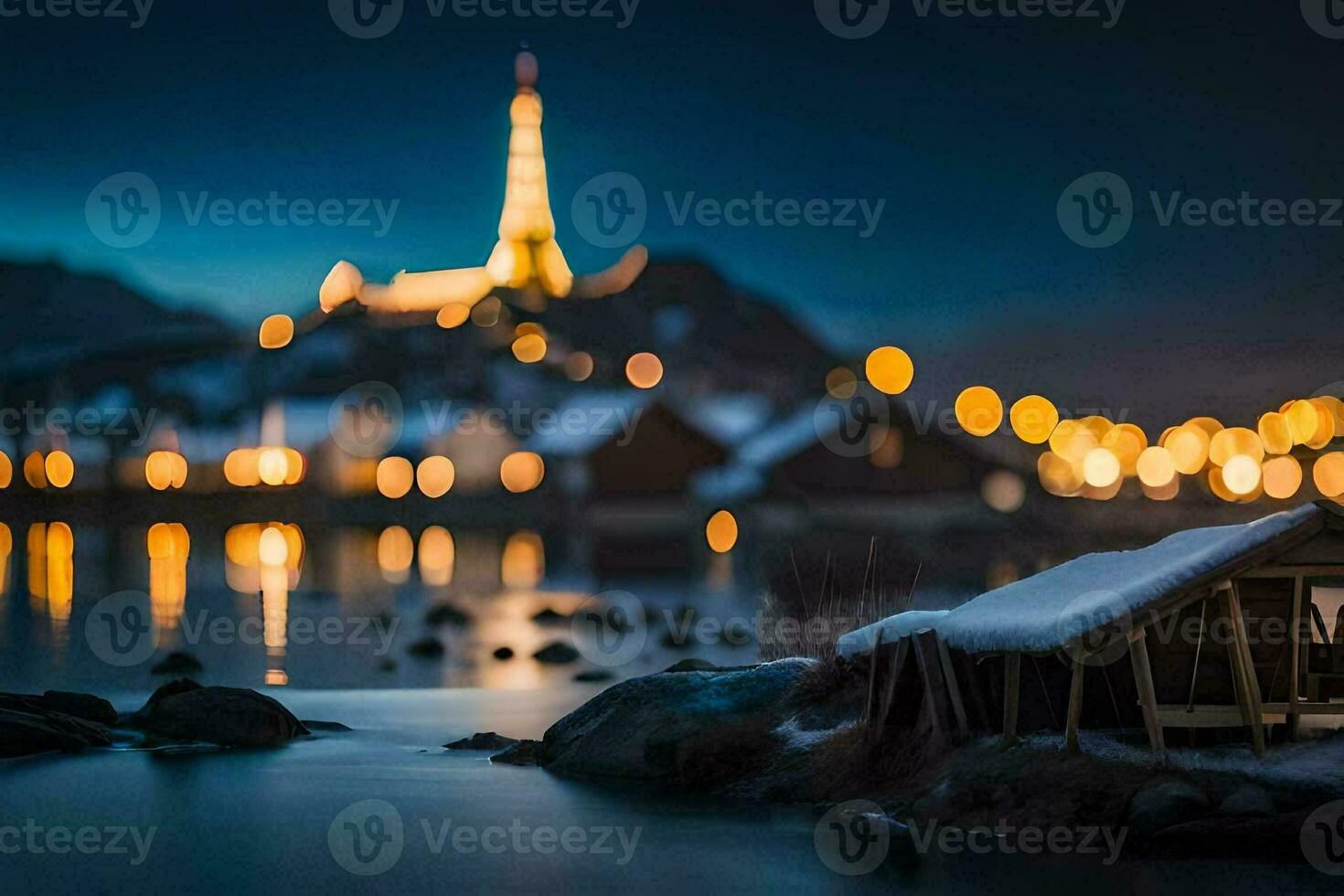 ein klein hölzern Haus sitzt auf das Ufer von ein See. KI-generiert foto