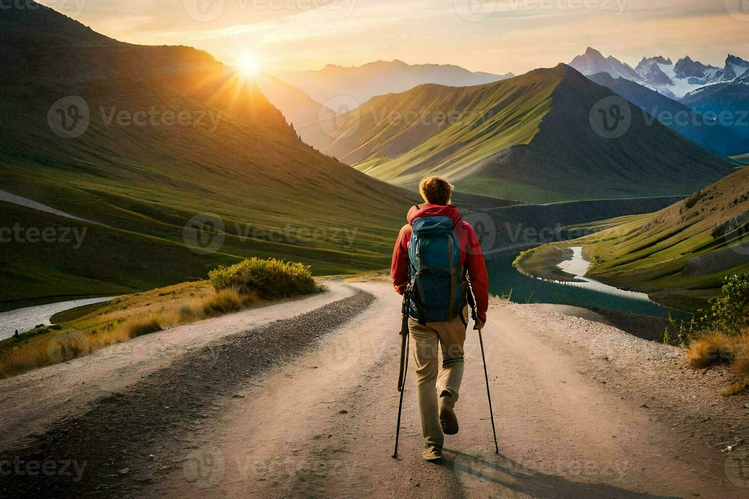 ein Mann mit ein Rucksack Gehen auf ein Straße im das Berge. KI-generiert foto