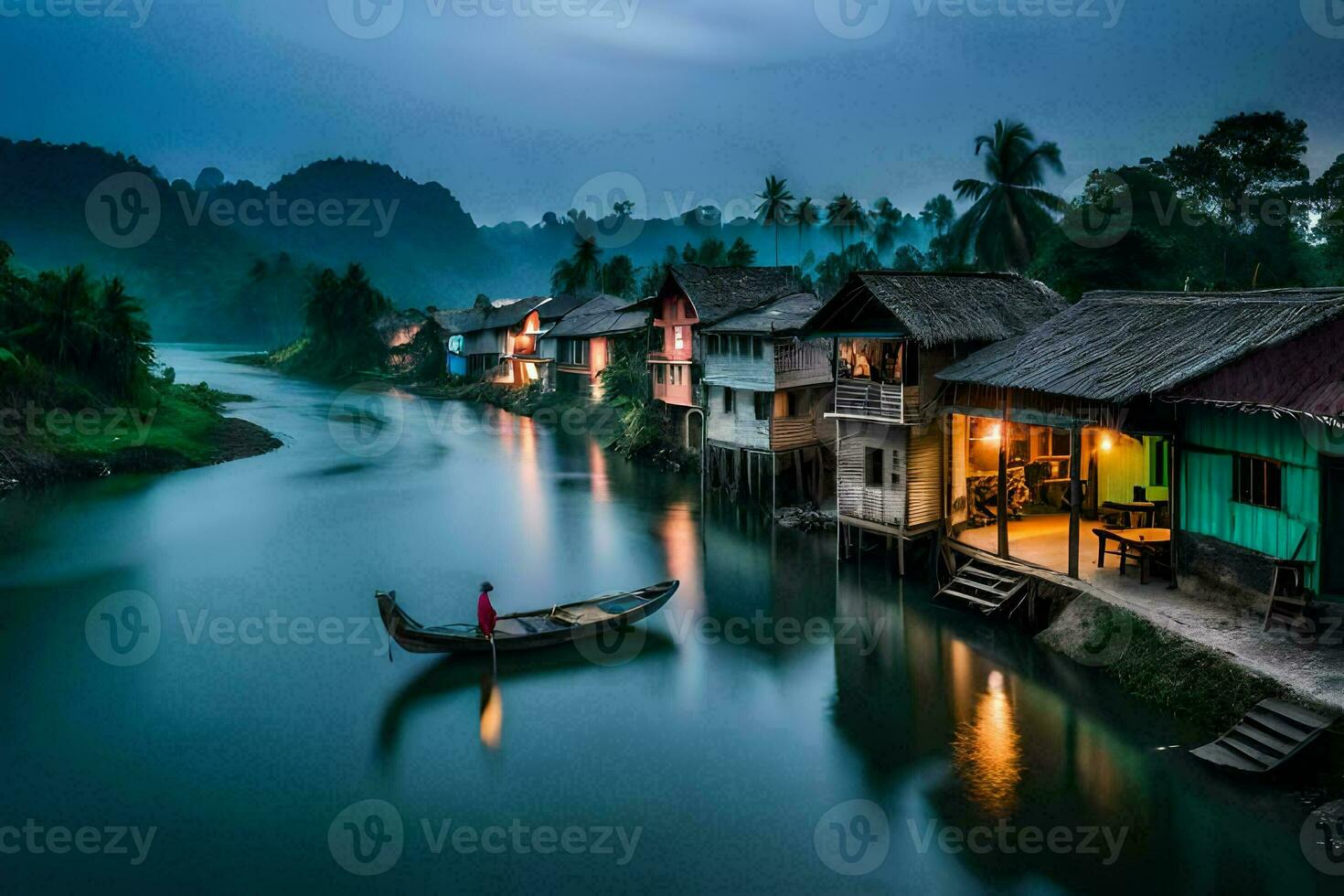 ein Boot ist schwebend Nieder ein Fluss im Vorderseite von Häuser. KI-generiert foto