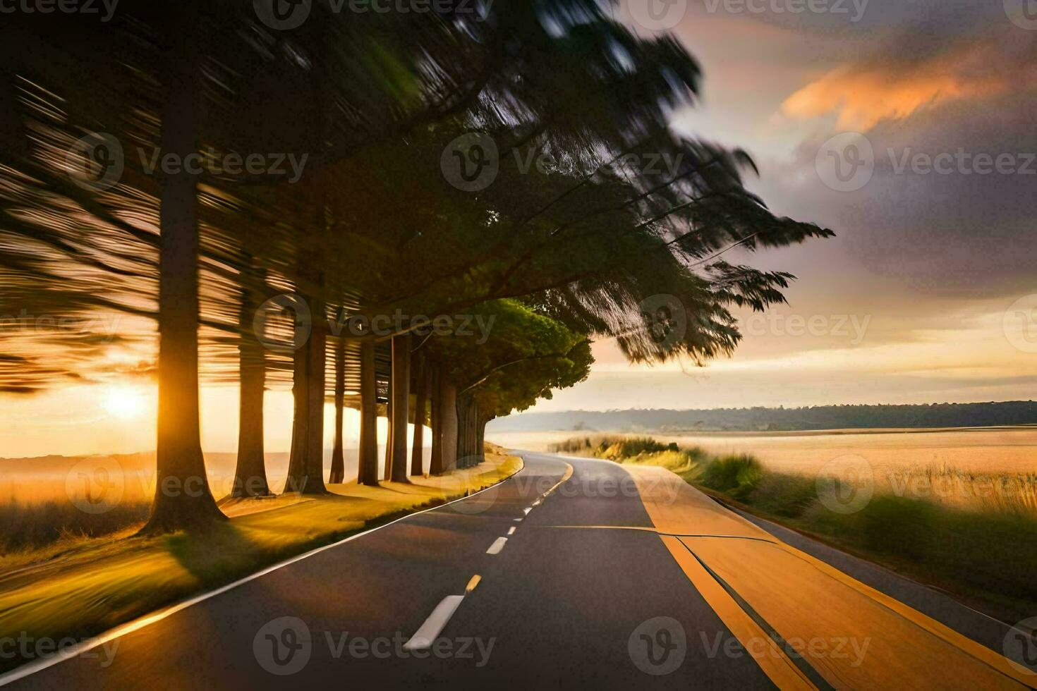 ein lange Straße mit Bäume im das Distanz. KI-generiert foto