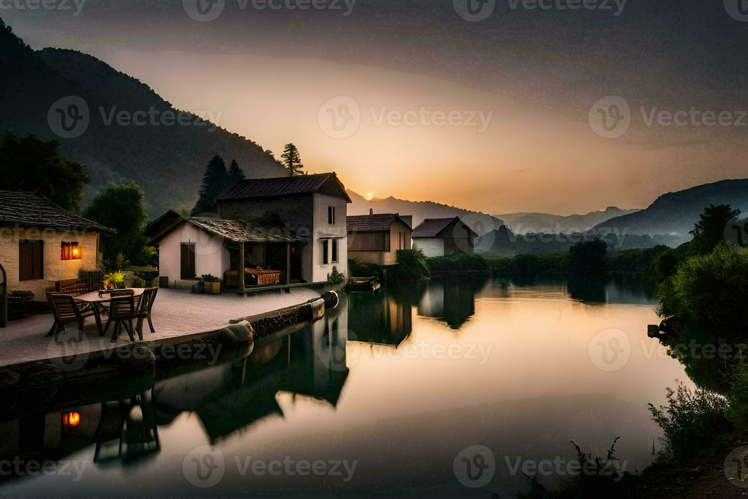 ein Fluss im das Berge beim Sonnenuntergang. KI-generiert foto