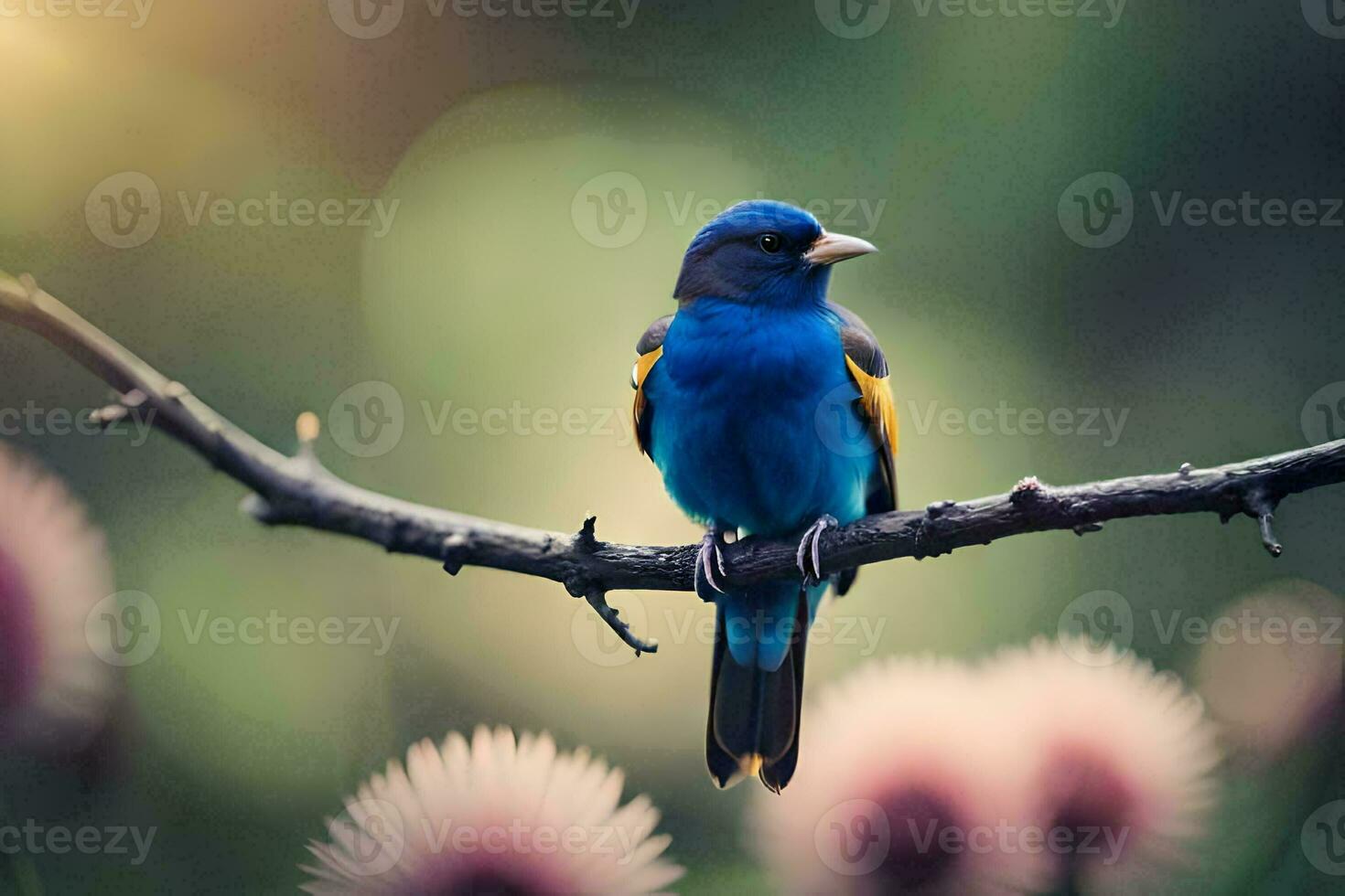 ein Blau Vogel sitzt auf ein Ast im Vorderseite von Blumen. KI-generiert foto