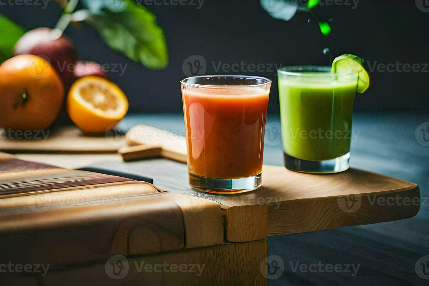 zwei Säfte sitzen auf ein Schneiden Tafel mit Orangen und Äpfel. KI-generiert foto