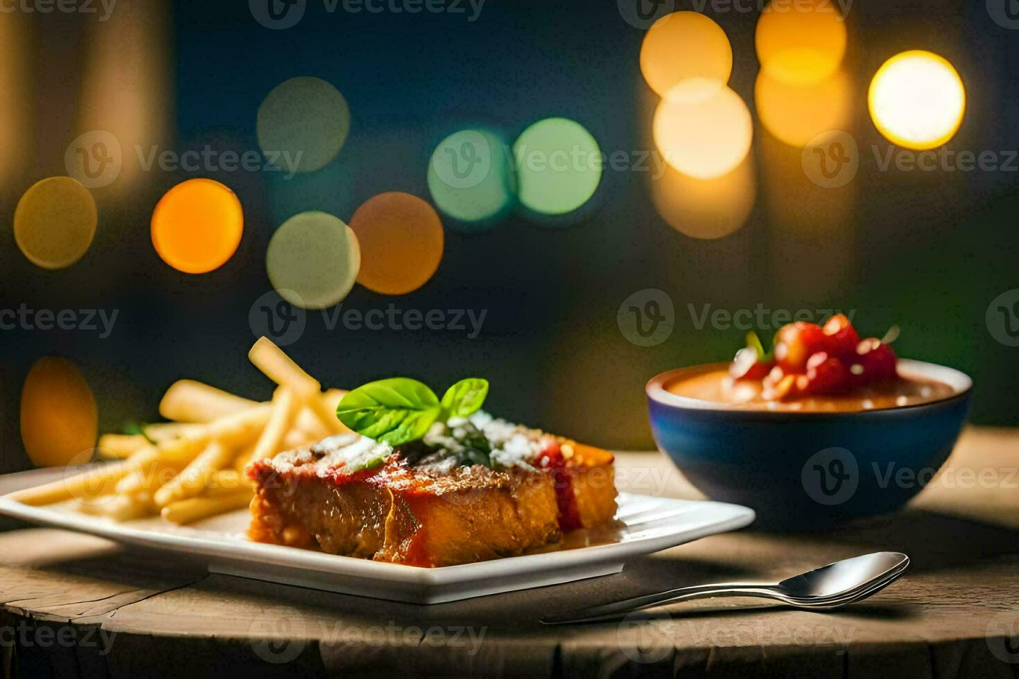 ein Teller von Essen mit Fritten und Soße auf ein hölzern Tisch. KI-generiert foto