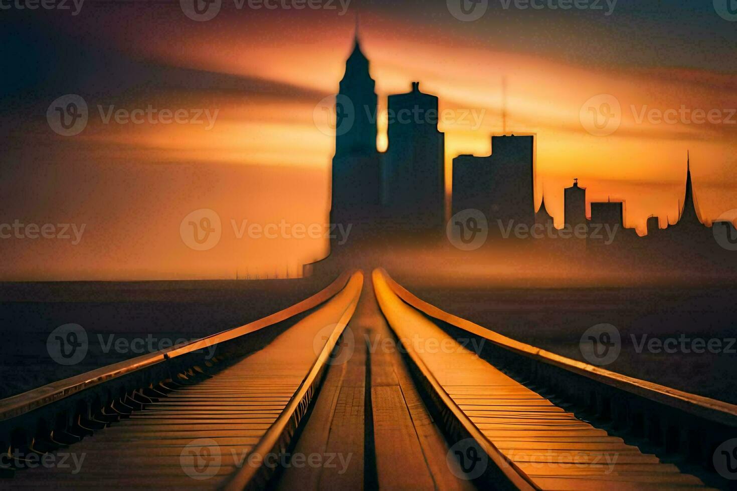 ein Zug Spur führen zu ein Stadt Horizont beim Sonnenuntergang. KI-generiert foto
