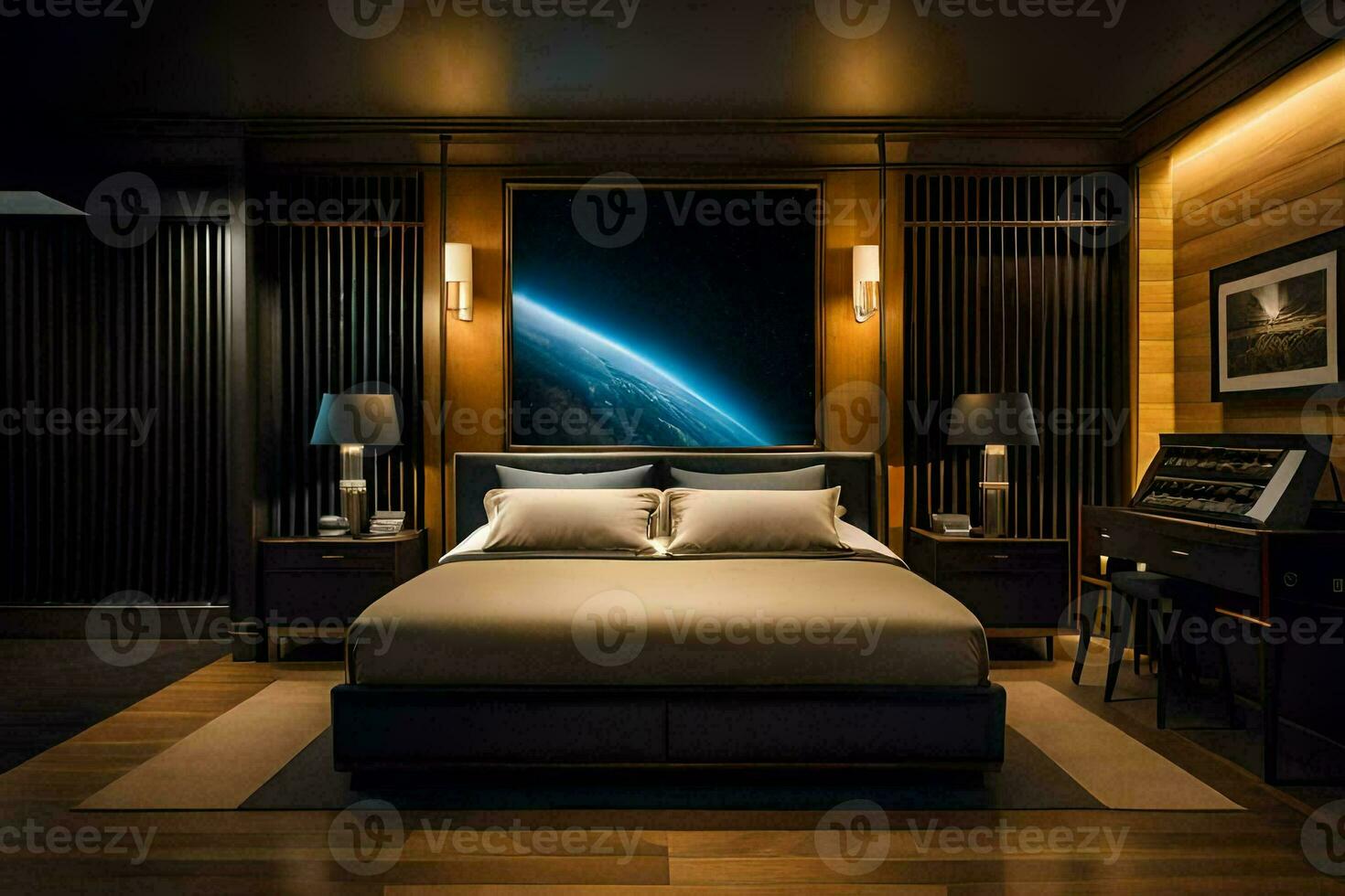ein Schlafzimmer mit ein Bett und ein Gemälde von Erde. KI-generiert foto