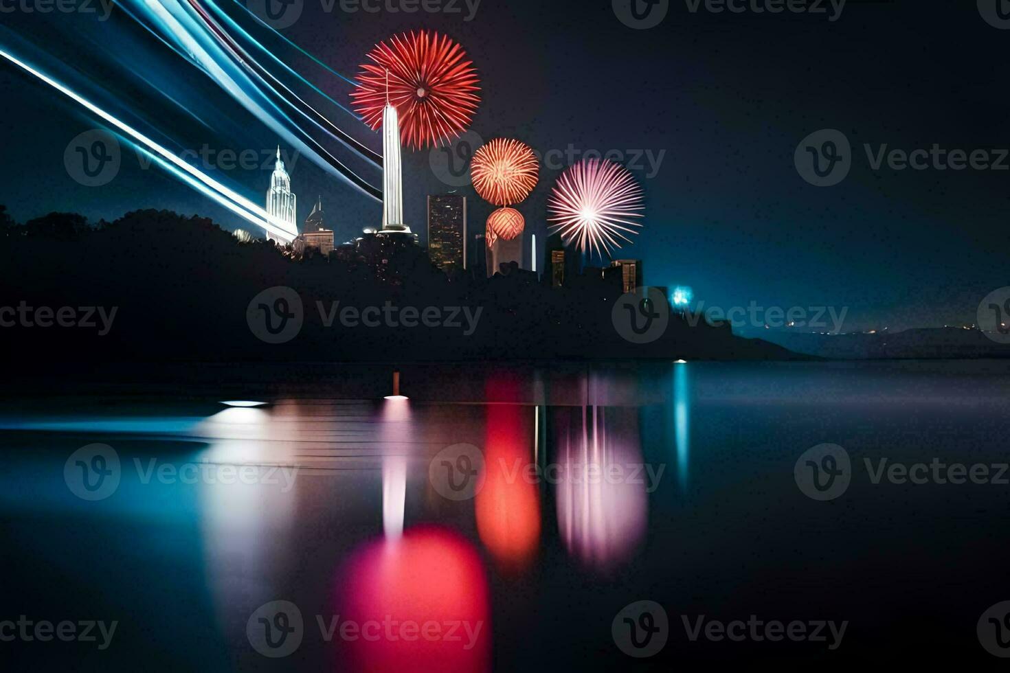 Feuerwerk Über das Stadt Horizont beim Nacht. KI-generiert foto