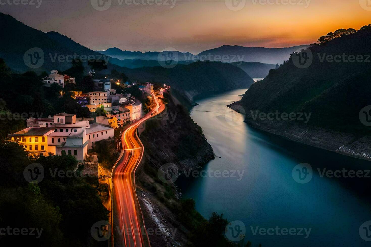 ein Fluss läuft durch ein Stadt, Dorf beim Sonnenuntergang. KI-generiert foto