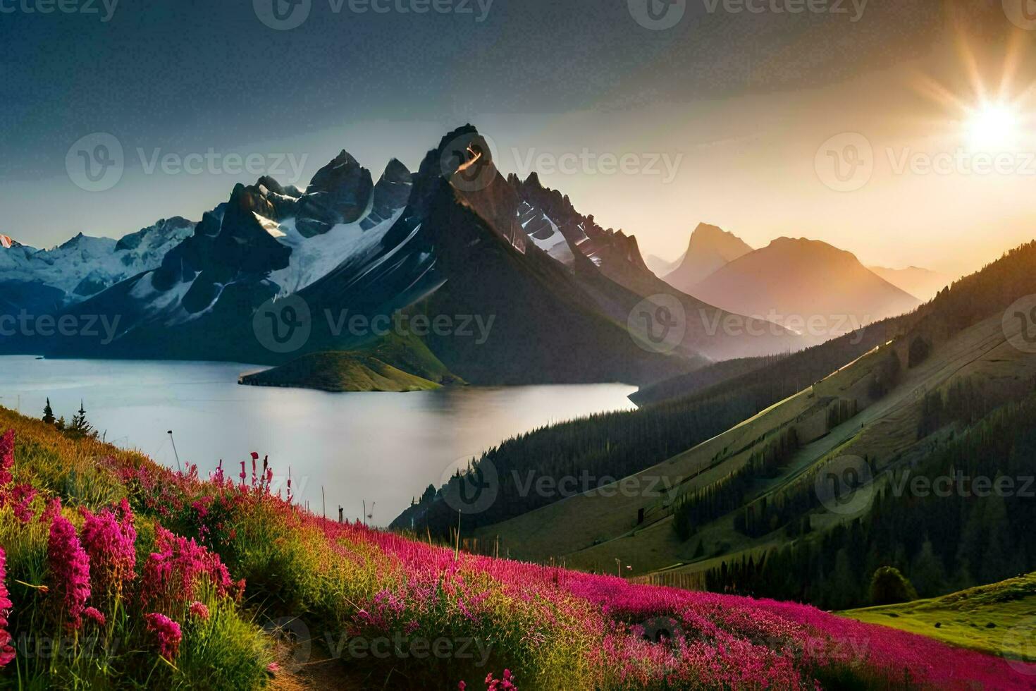 das Sonne steigt an Über das Berge und See im diese schön Landschaft. KI-generiert foto