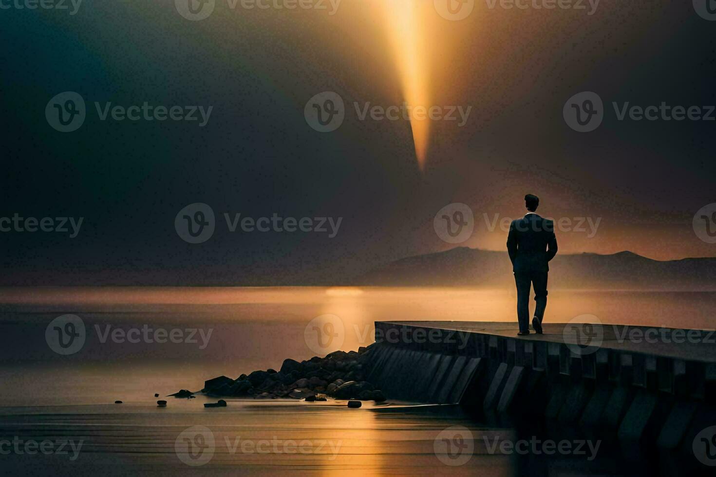 ein Mann Stehen auf ein Seebrücke suchen beim das Sonne. KI-generiert foto