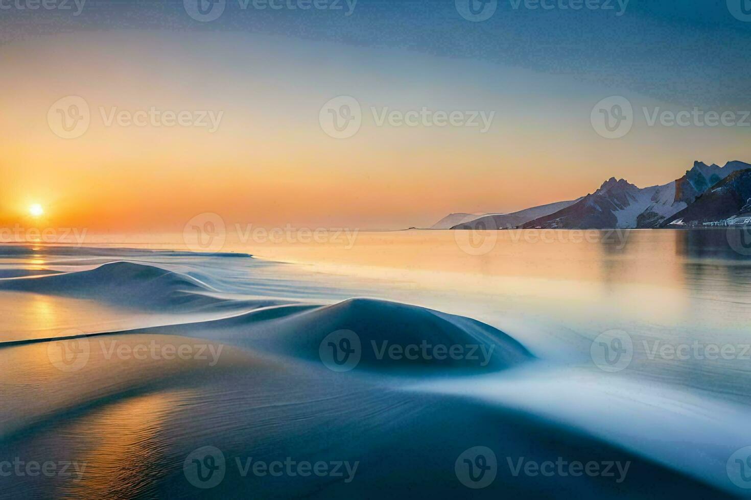 das Sonne setzt Über das Ozean und Wellen. KI-generiert foto