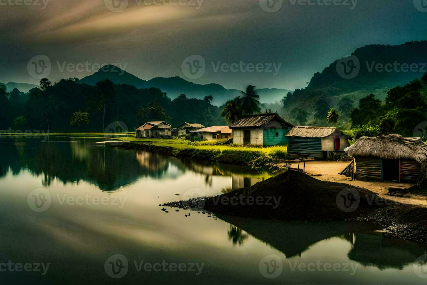 Foto Hintergrund das Himmel, Berge, Wasser, Häuser, das Dorf, das See, das Dorf. KI-generiert