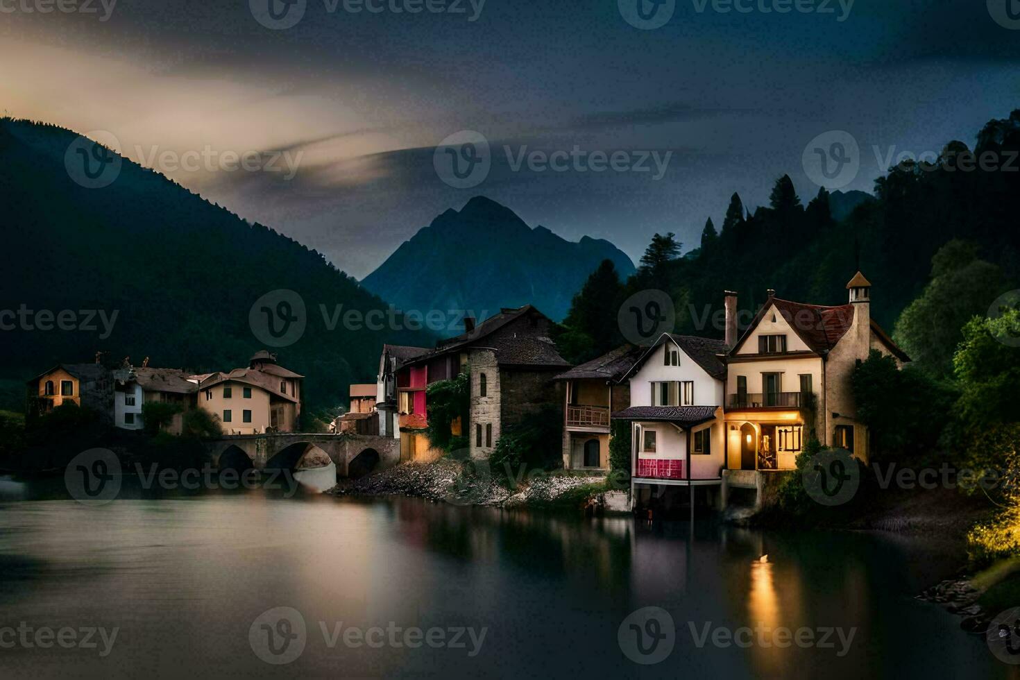 ein Fluss und Häuser im das Berge beim Dämmerung. KI-generiert foto