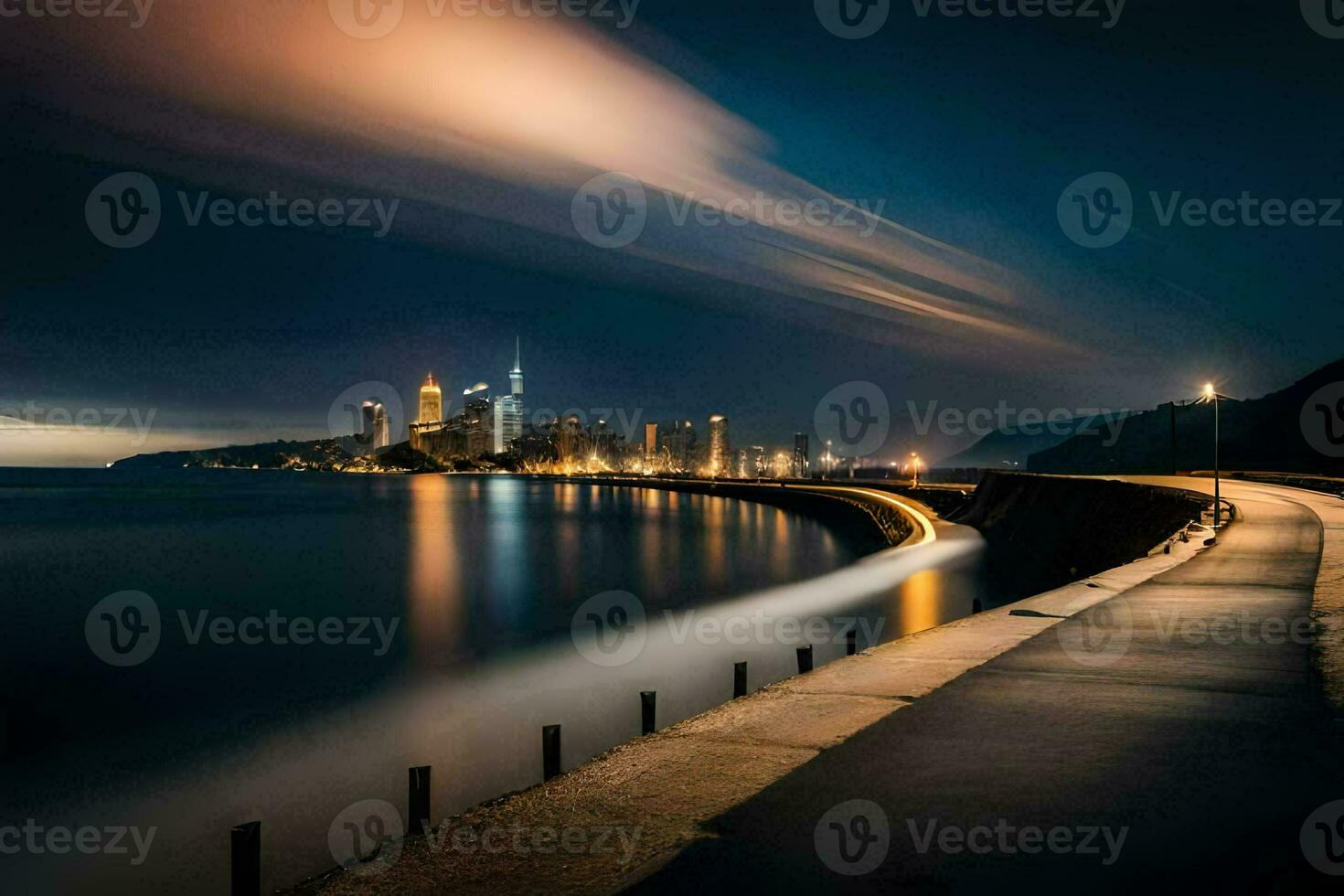 ein lange Exposition Foto von das Stadt Horizont beim Nacht. KI-generiert