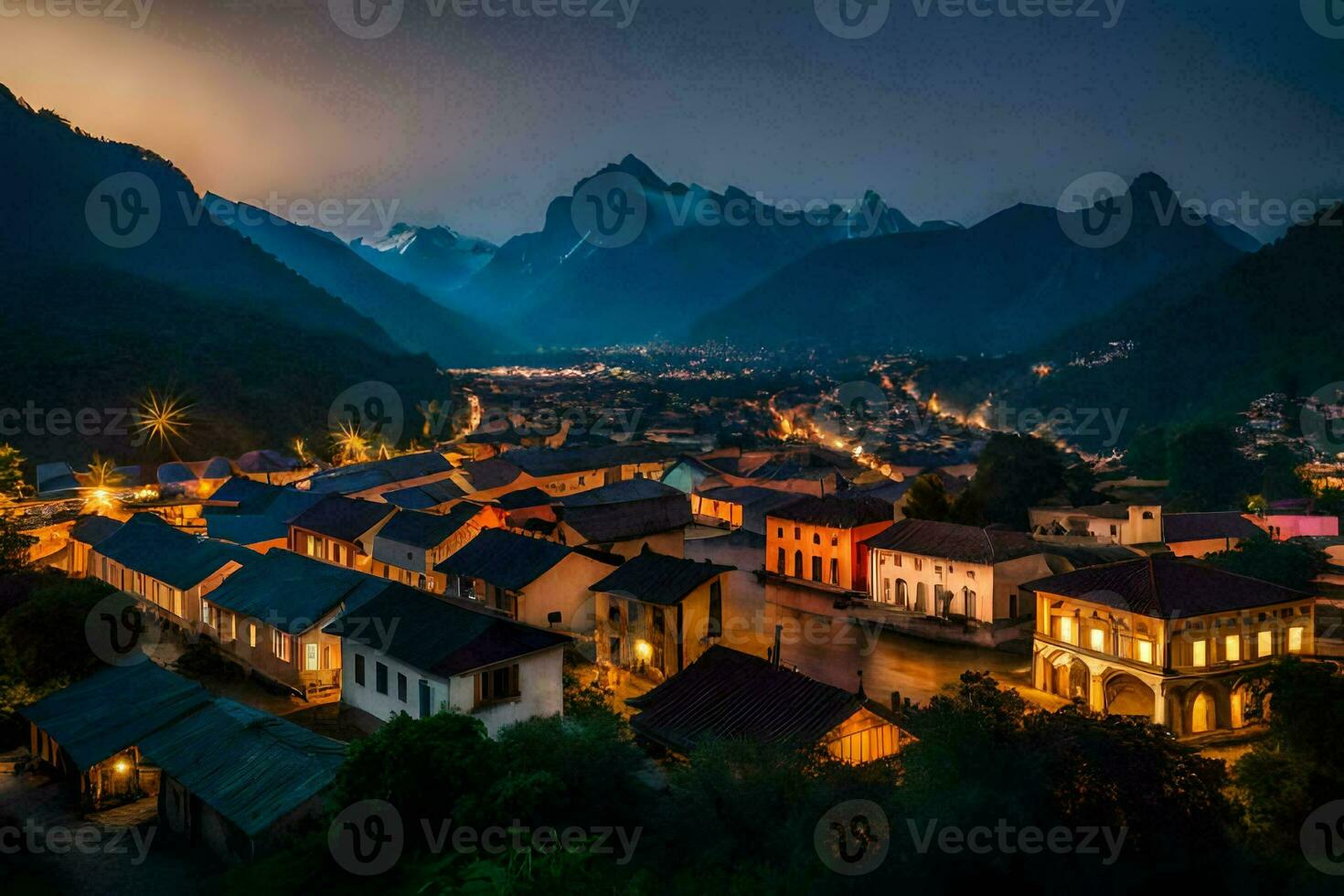 ein Stadt, Dorf im das Berge beim Nacht. KI-generiert foto