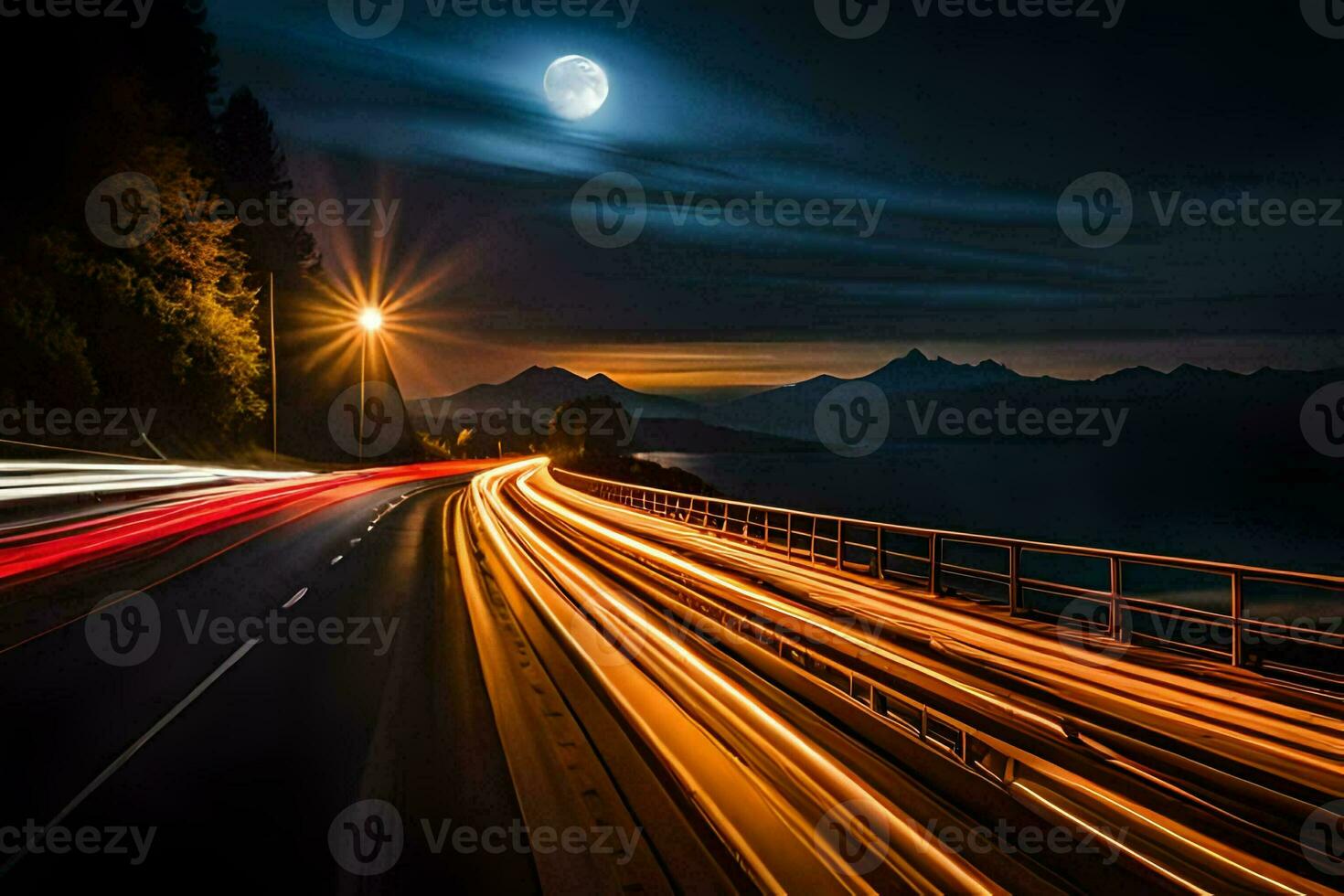 ein lange Exposition Foto von ein Autobahn beim Nacht mit ein voll Mond. KI-generiert