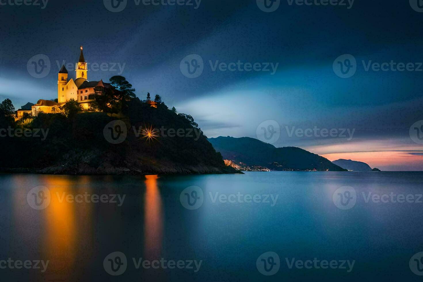 ein Schloss auf ein Hügel mit Blick auf das Ozean beim Nacht. KI-generiert foto