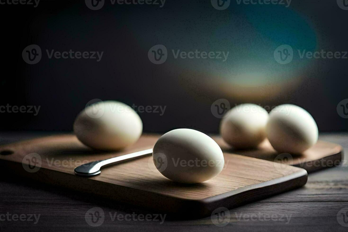 Weiß Eier auf ein Schneiden Tafel mit ein Messer. KI-generiert foto