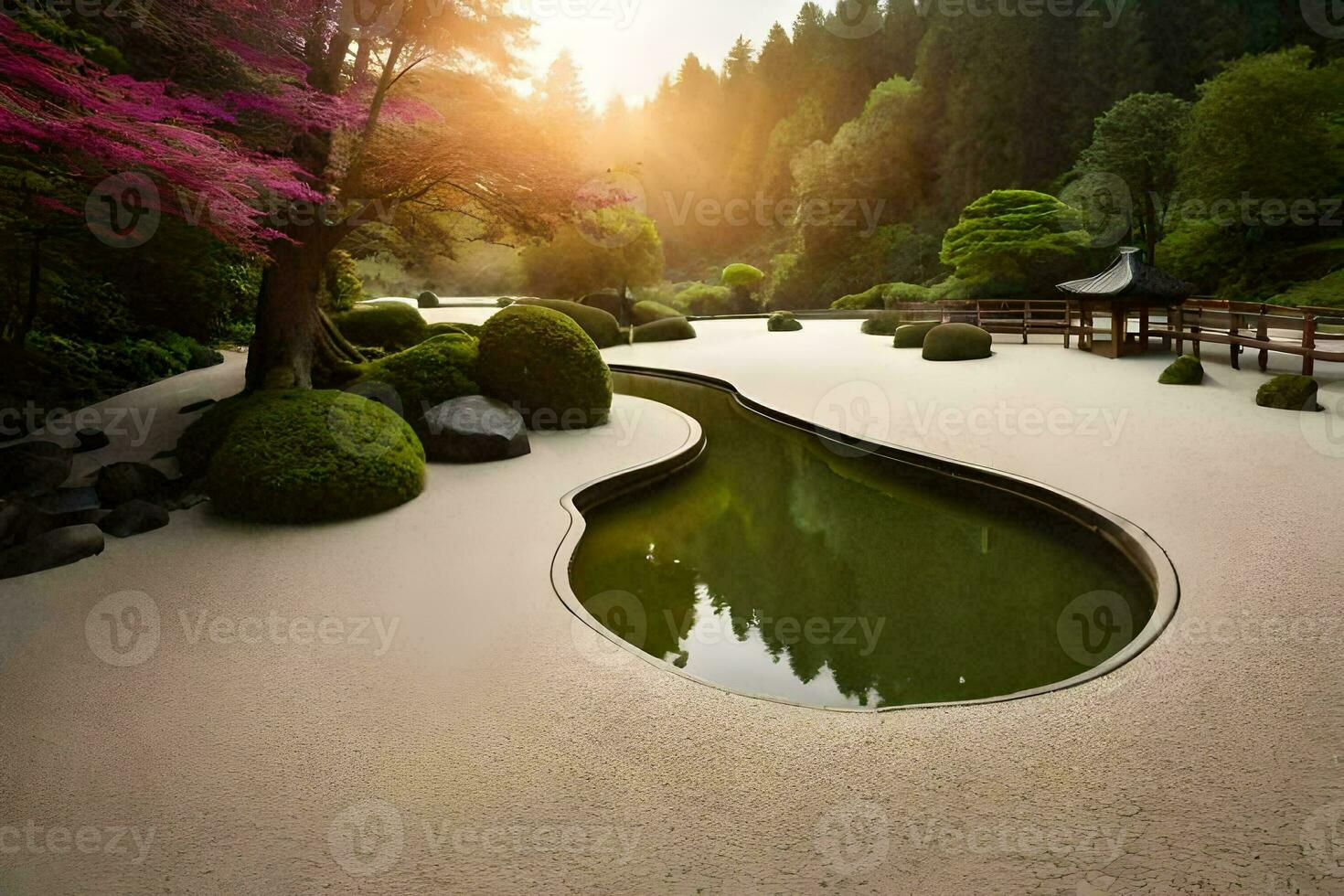 ein japanisch Garten mit ein Teich und Bäume. KI-generiert foto