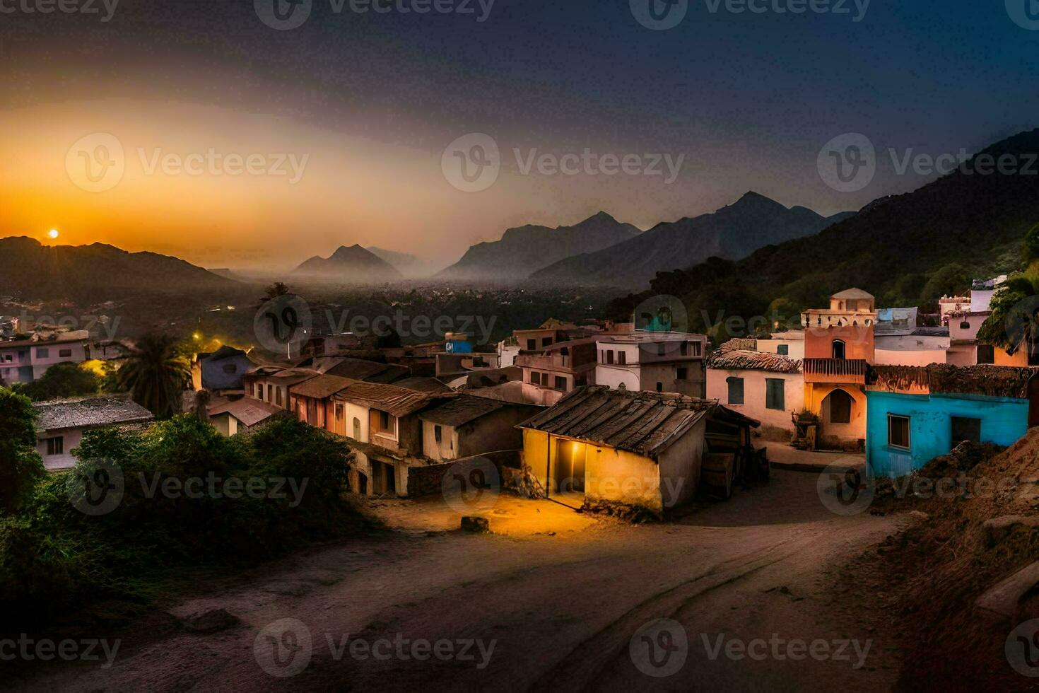 Foto Hintergrund das Himmel, Berge, Sonnenuntergang, das Dorf, Indien. KI-generiert