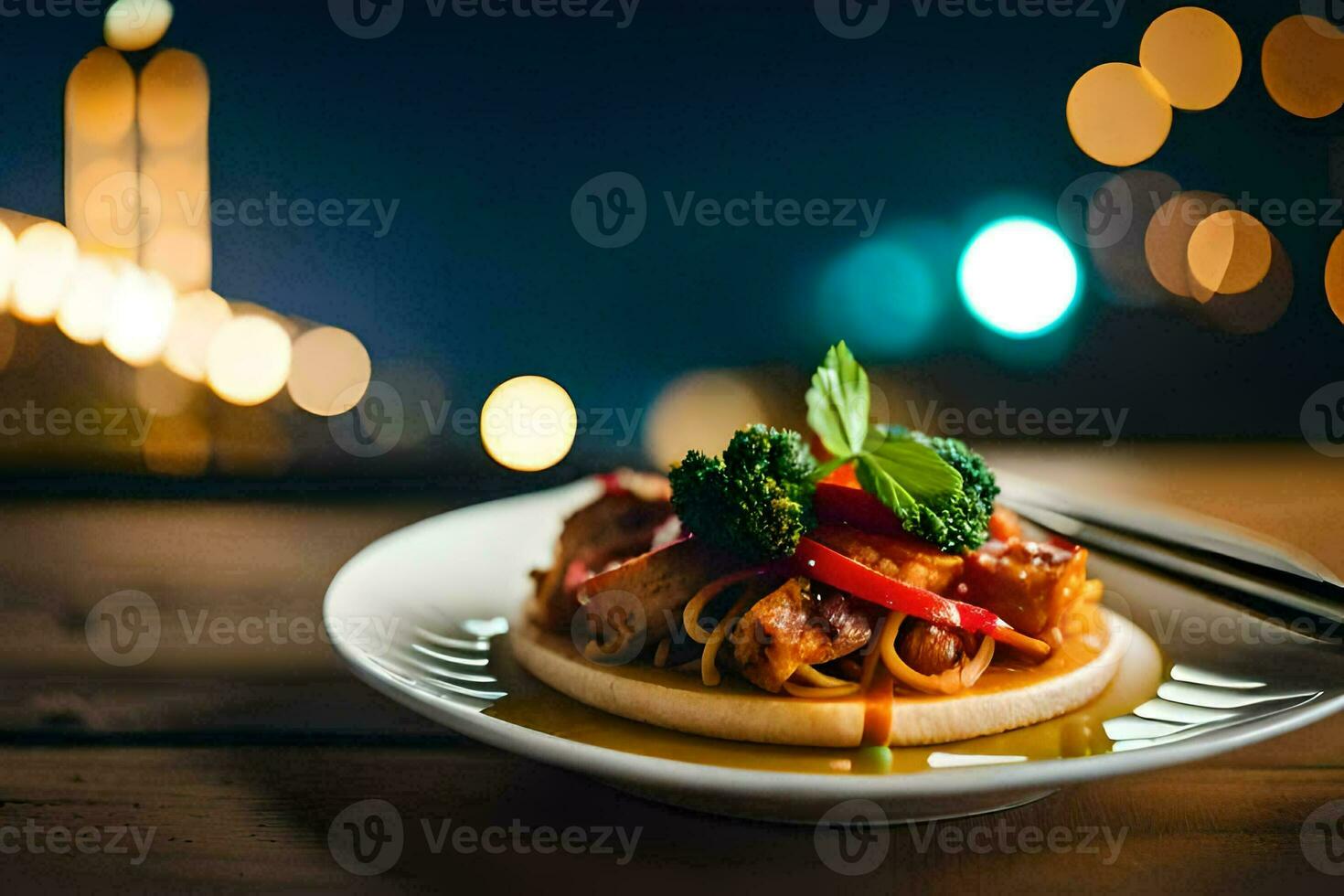 ein Teller von Essen mit Essstäbchen auf ein hölzern Tisch. KI-generiert foto