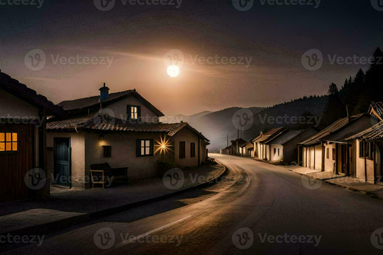 Foto Hintergrund das Himmel, das Mond, das Straße, das Dorf, das Straße, das Dorf. KI-generiert