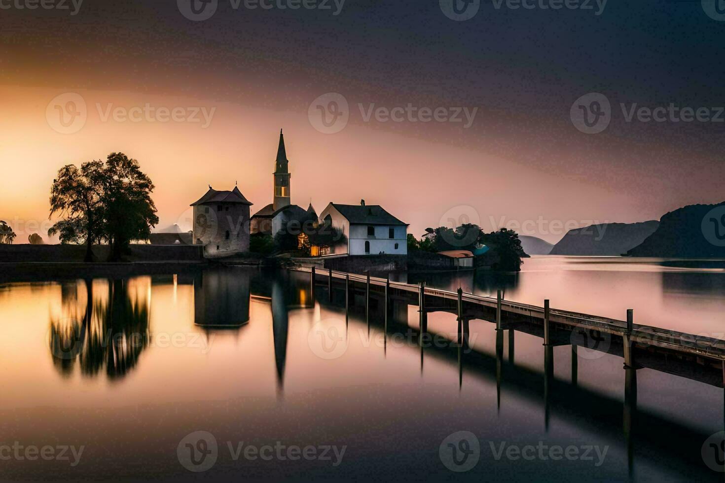 ein Kirche und Seebrücke beim Sonnenuntergang im ein See. KI-generiert foto