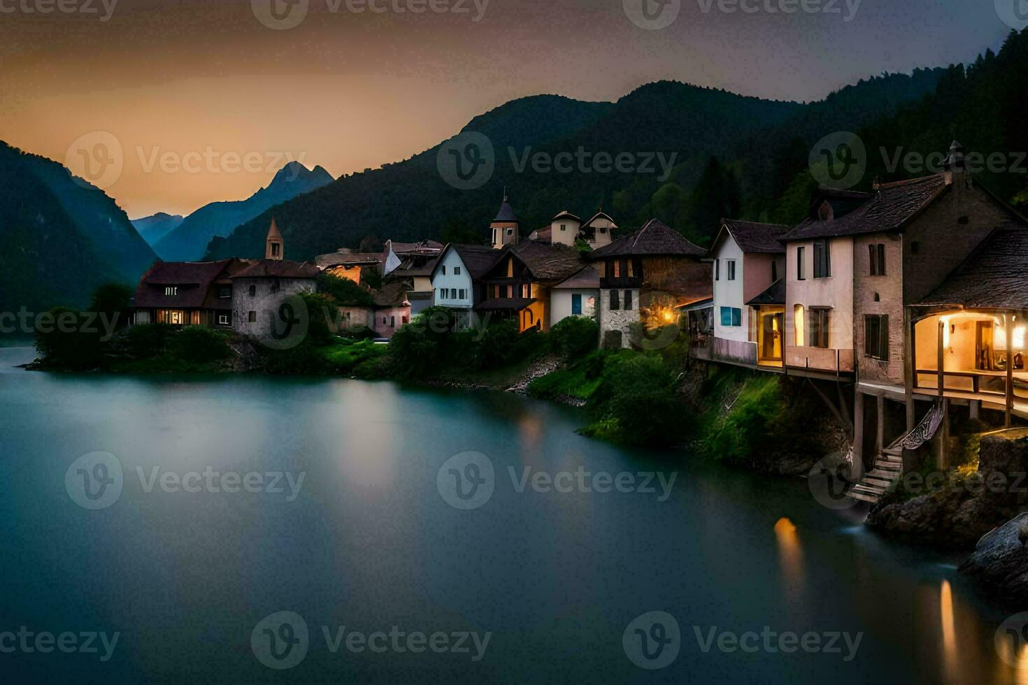 ein Dorf sitzt auf das Kante von ein See beim Dämmerung. KI-generiert foto