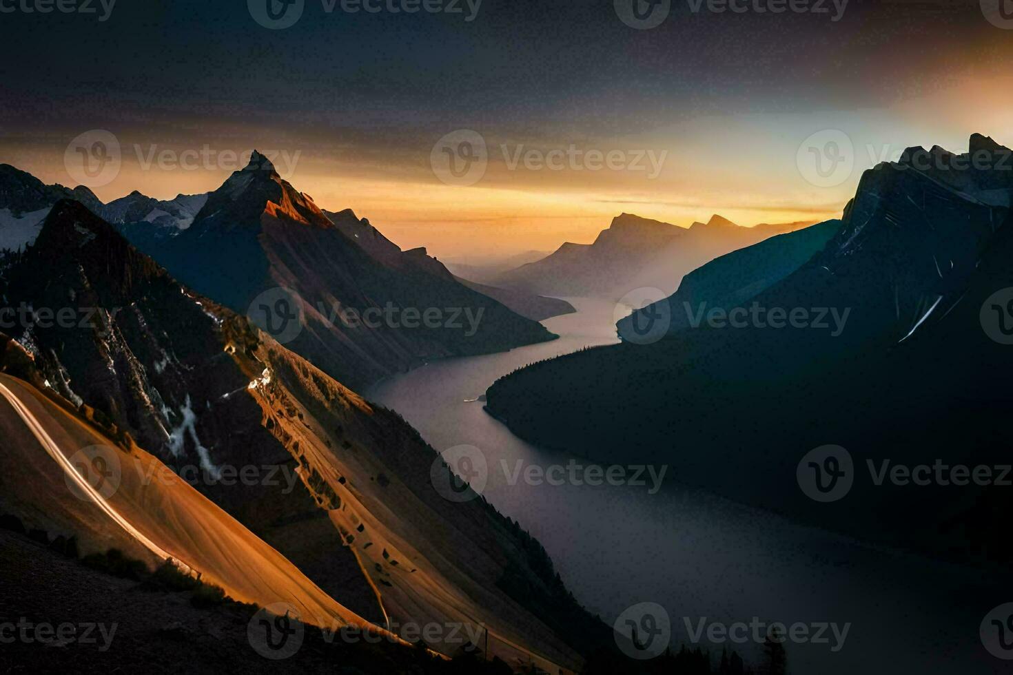 das Sonne setzt Über ein Berg Angebot und ein See. KI-generiert foto