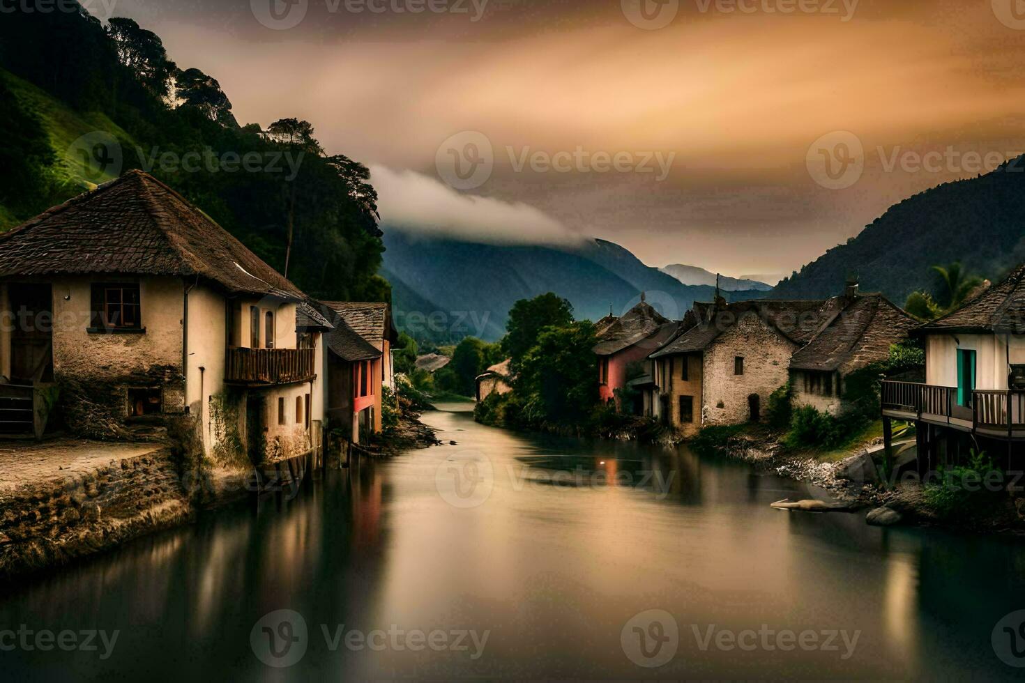 ein Fluss läuft durch ein Dorf beim Sonnenuntergang. KI-generiert foto