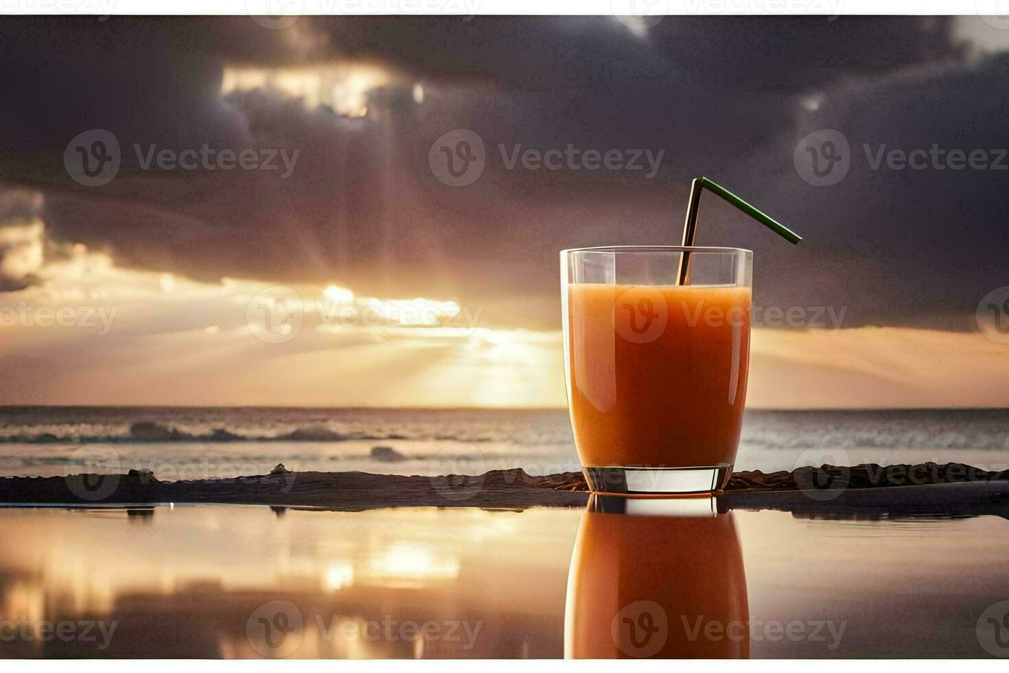 ein Glas von Orange Saft auf das Strand beim Sonnenuntergang. KI-generiert foto