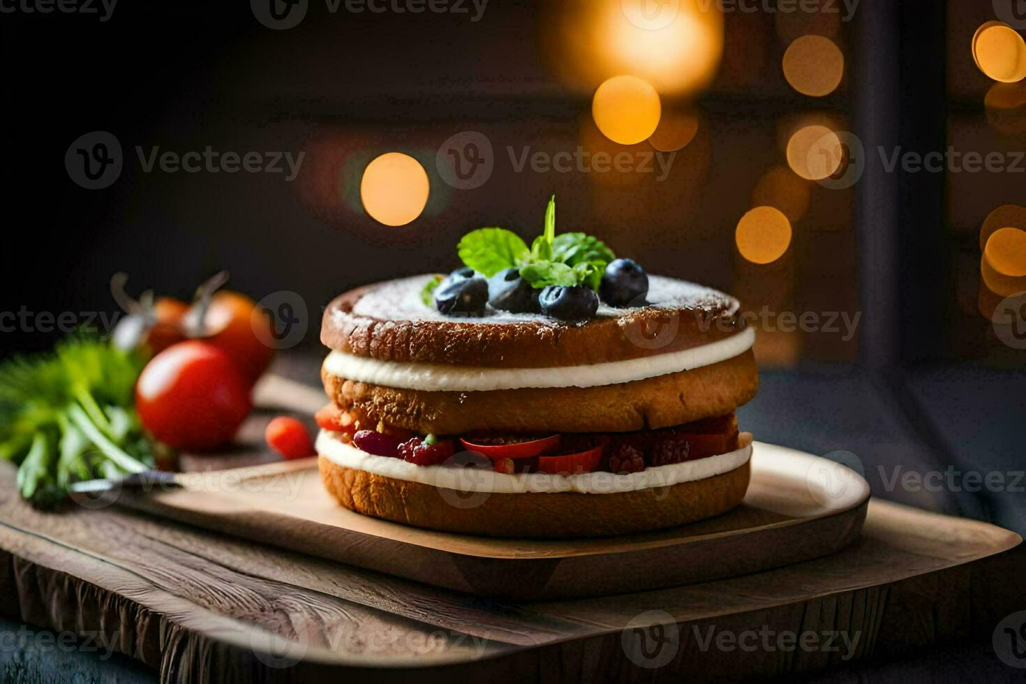 ein Kuchen mit Beeren und Sahne auf ein hölzern Tafel. KI-generiert foto