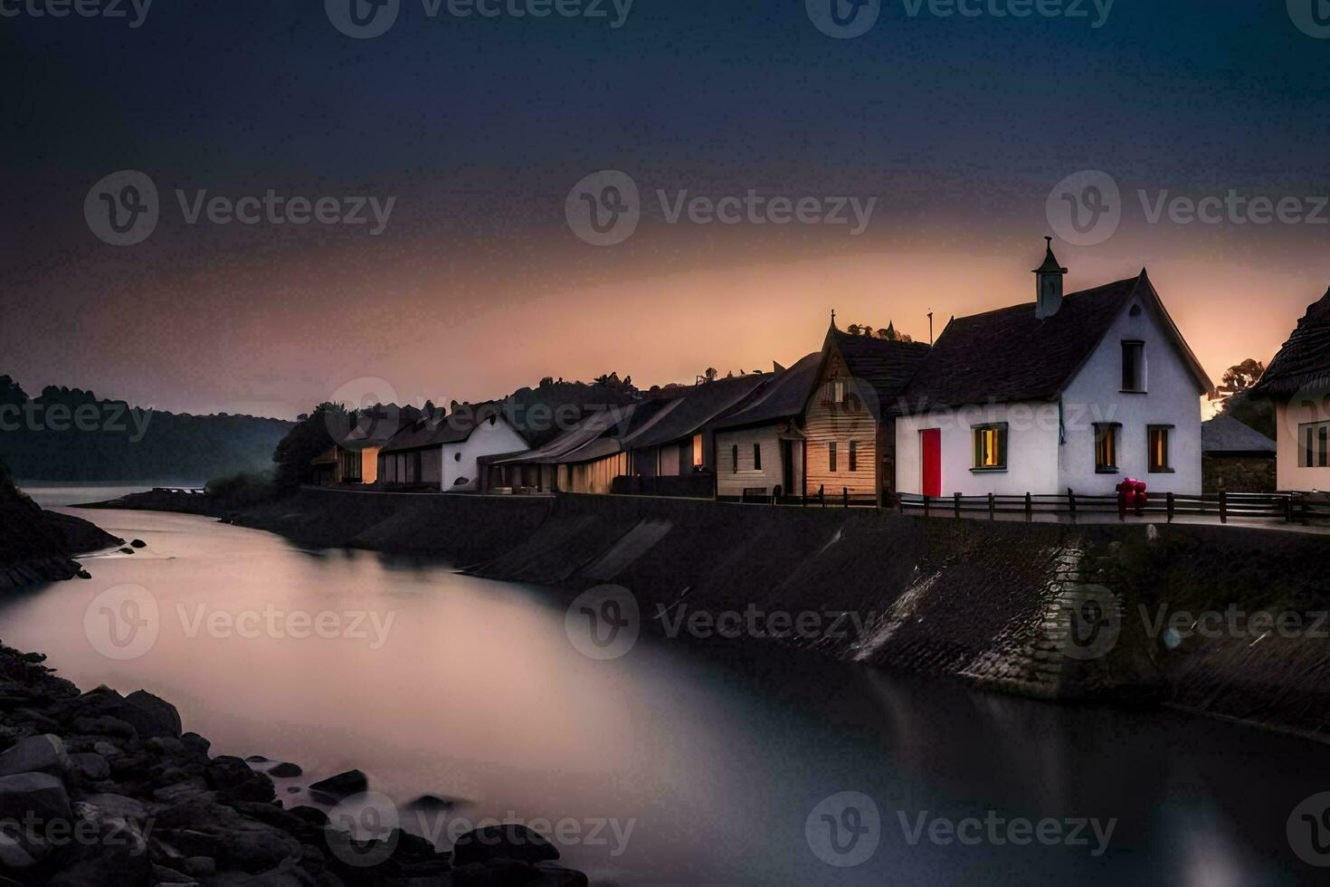 ein Fluss läuft durch ein Stadt, Dorf beim Sonnenuntergang. KI-generiert foto