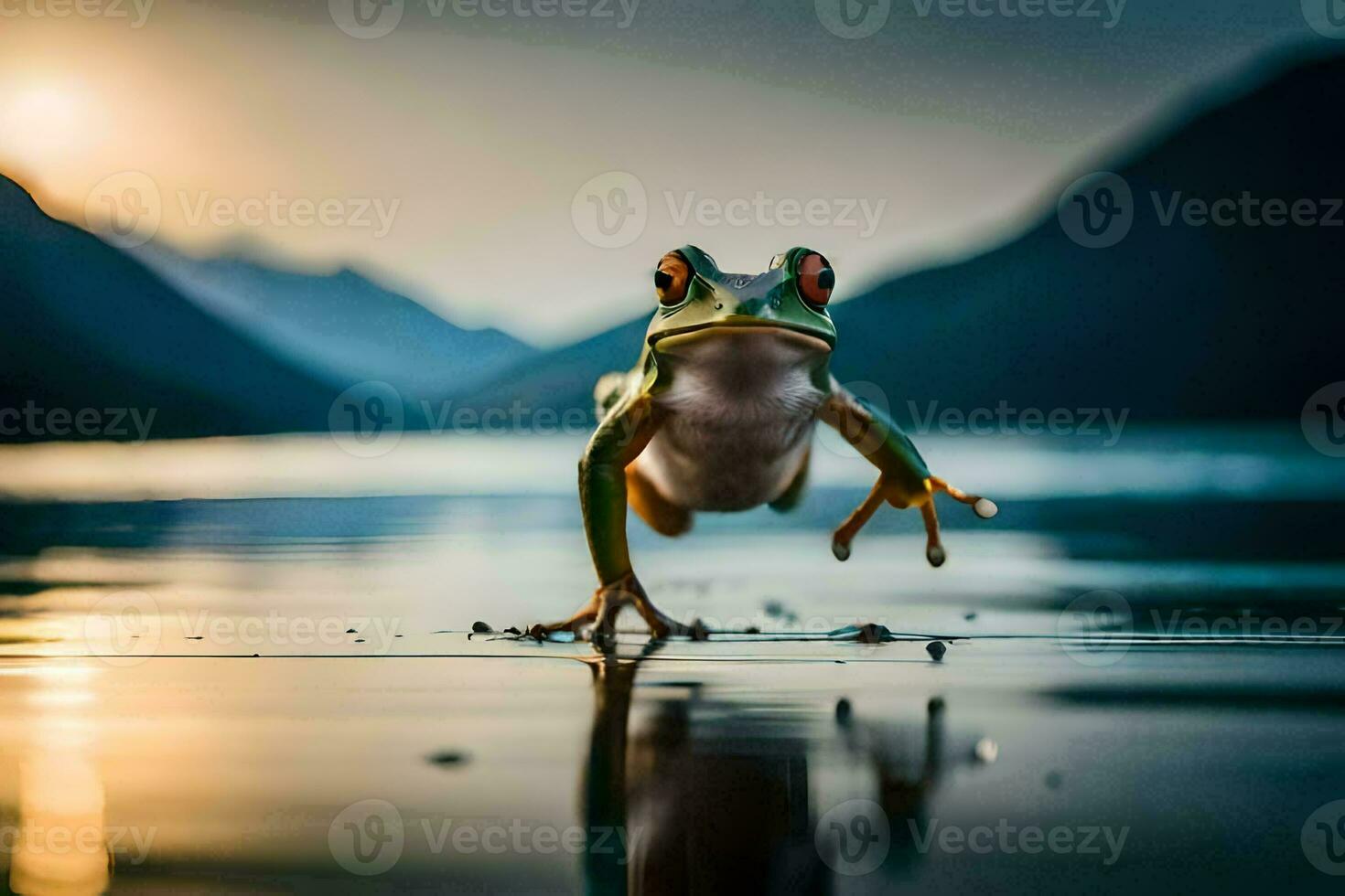 ein Frosch Springen in das Wasser beim Sonnenuntergang. KI-generiert foto