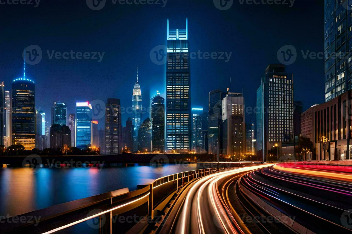 ein Stadt Horizont beim Nacht mit Beleuchtung auf das Gebäude. KI-generiert foto