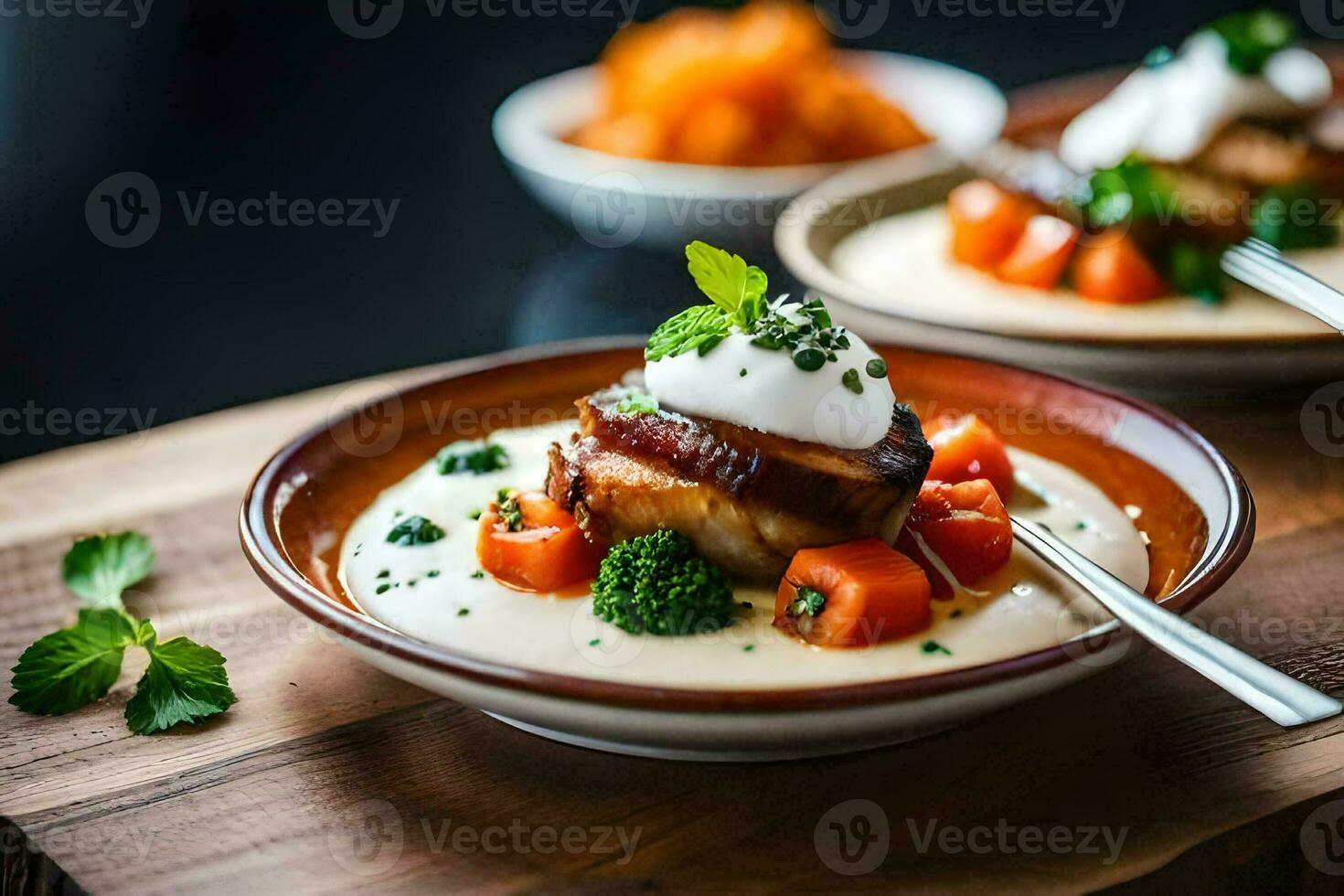 zwei Platten mit Essen auf Sie auf ein hölzern Tisch. KI-generiert foto