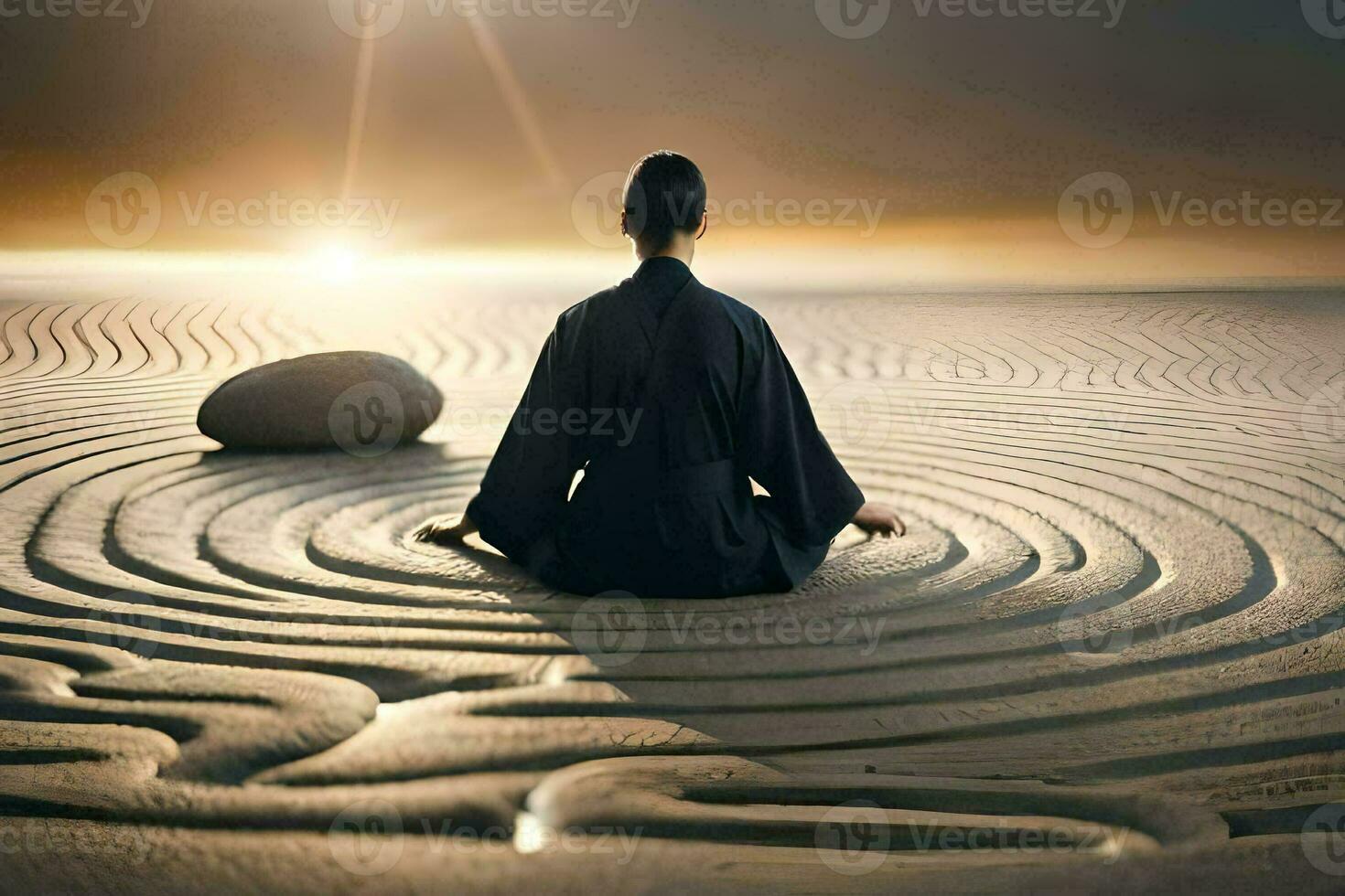 ein Person meditieren im das Sand beim Sonnenuntergang. KI-generiert foto