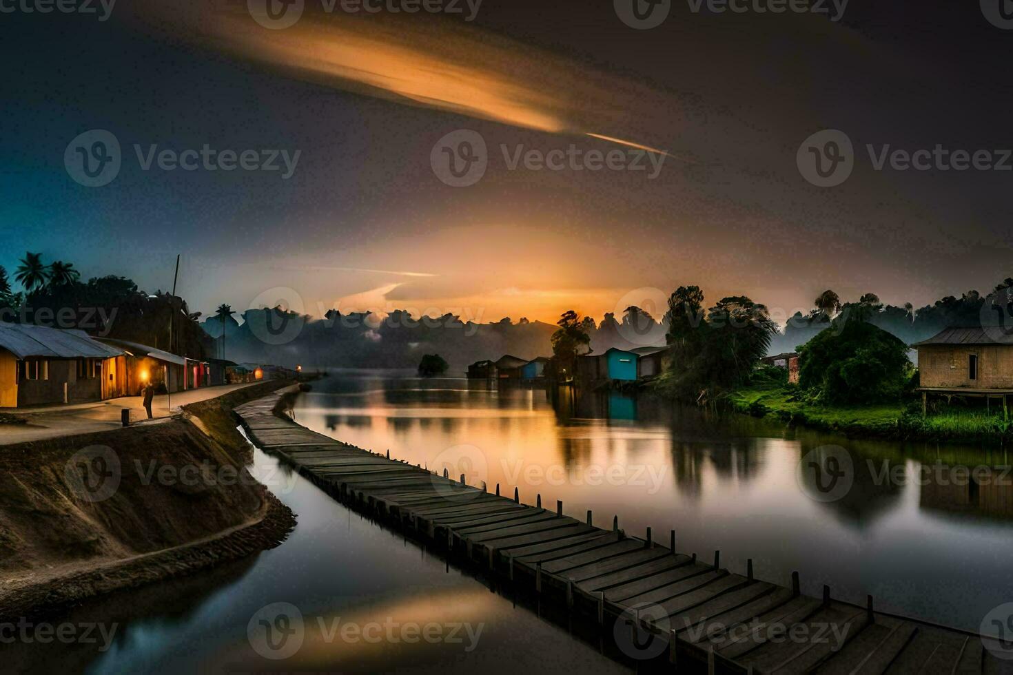 ein lange hölzern Seebrücke im das Mitte von ein Fluss. KI-generiert foto