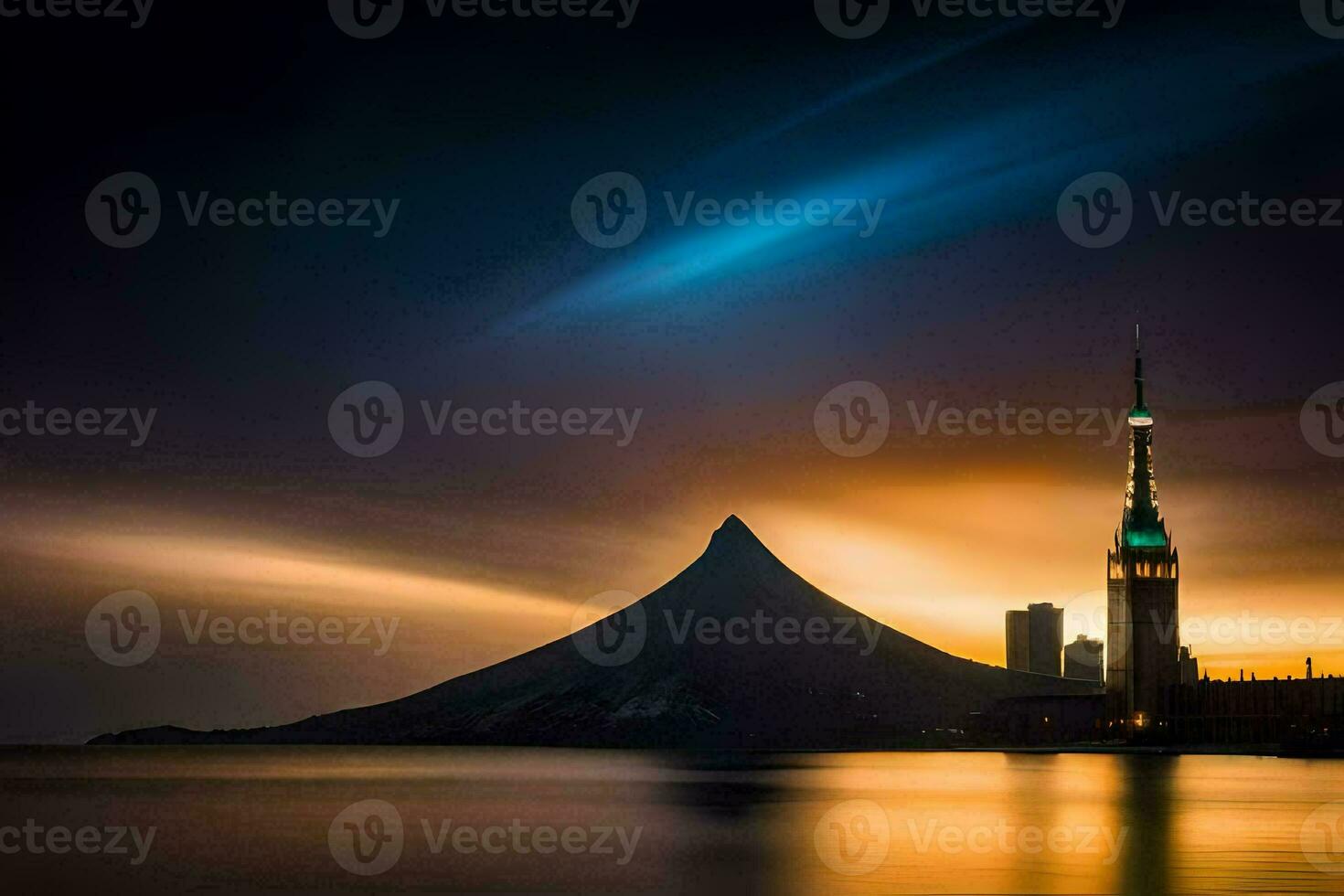 das Sonne setzt Über ein Berg und ein Stadt. KI-generiert foto