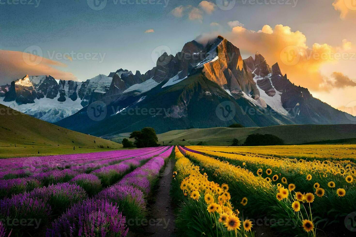 das Sonne steigt an Über ein Feld von Lavendel Blumen und Berge im das Hintergrund. KI-generiert foto