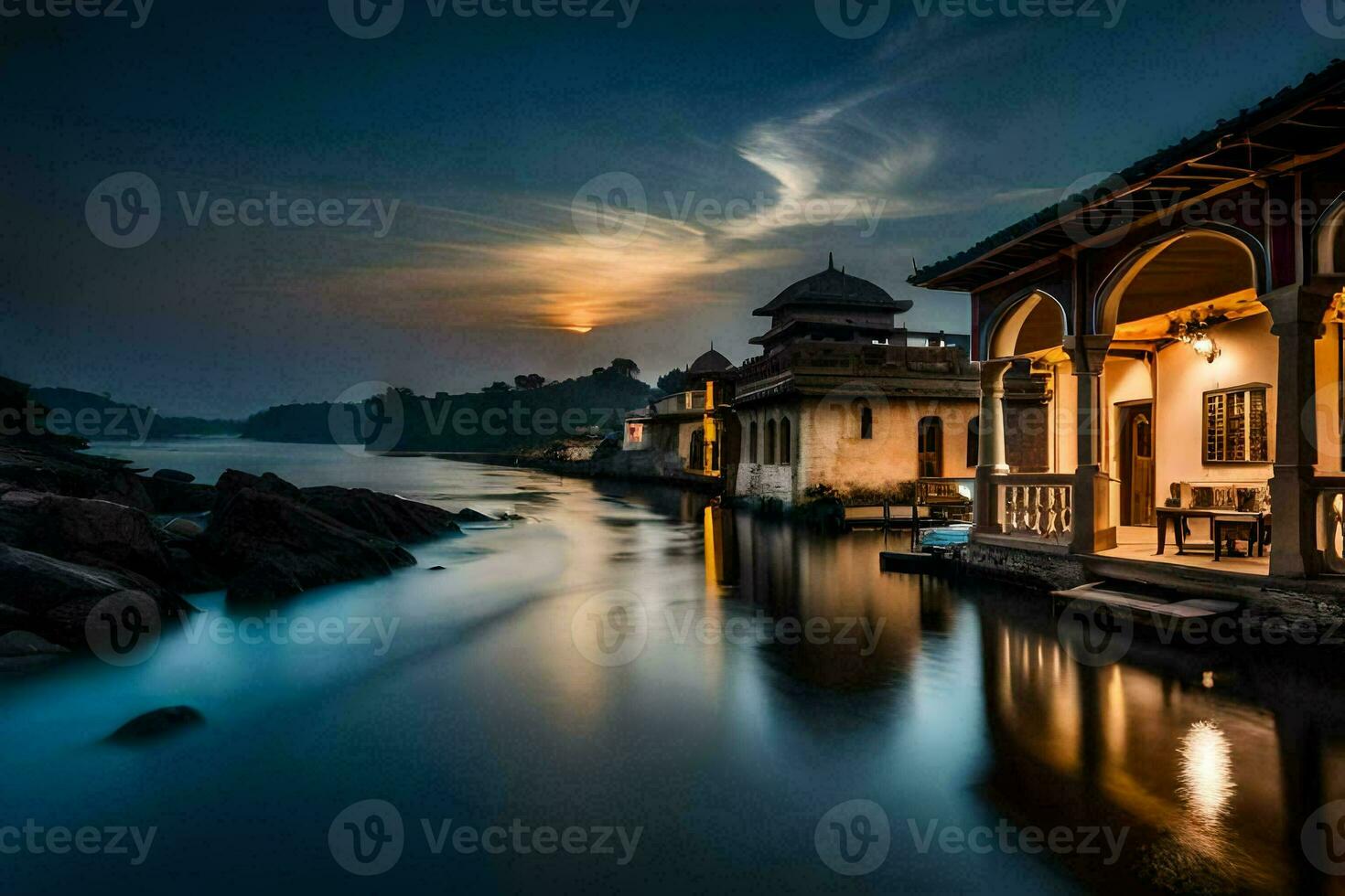 ein Haus auf das Fluss beim Dämmerung. KI-generiert foto