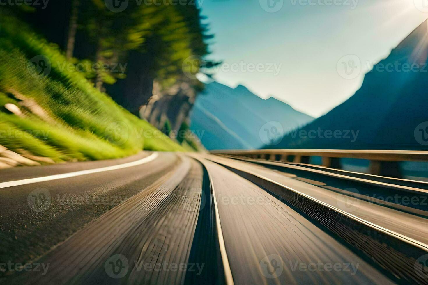 ein verschwommen Bild von ein Zug Beschleunigen Nieder ein Berg Straße. KI-generiert foto