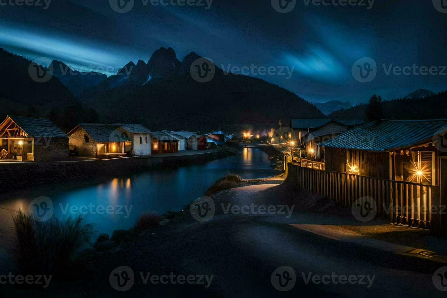 Foto Hintergrund das Himmel, Berge, Nacht, das Fluss, das Dorf, das Berge, Die. KI-generiert