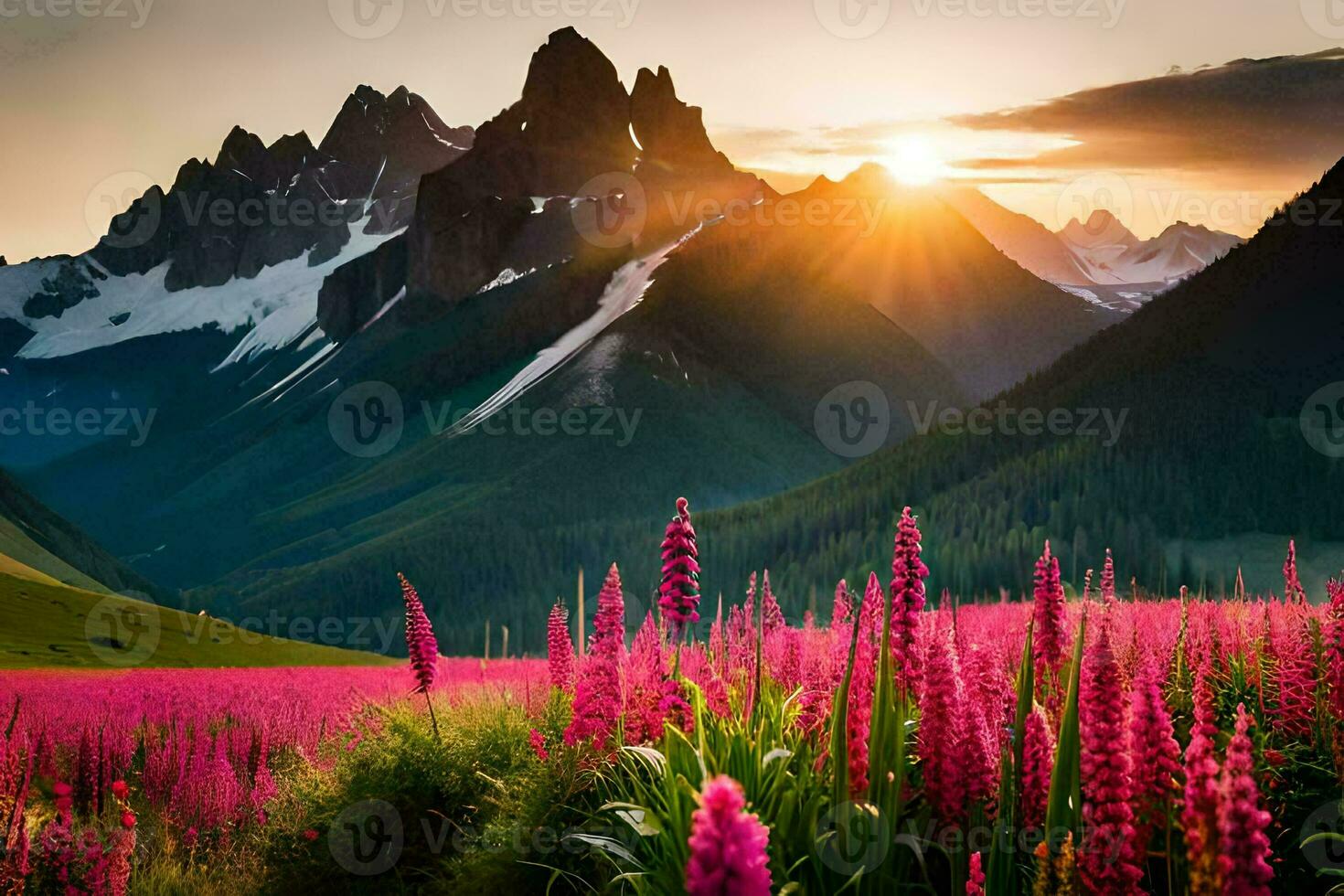 das Sonne steigt an Über das Berge und Rosa Blumen blühen im das Vordergrund. KI-generiert foto