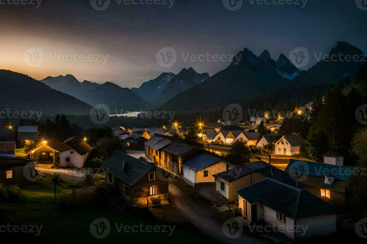 Foto Hintergrund das Himmel, Berge, Nacht, das Dorf, das Berge, das Dorf, Die. KI-generiert