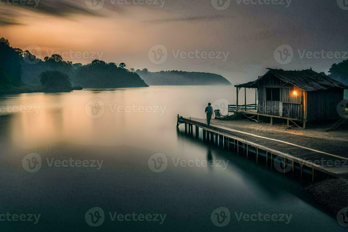 ein Mann steht auf ein Dock beim Sonnenuntergang. KI-generiert foto
