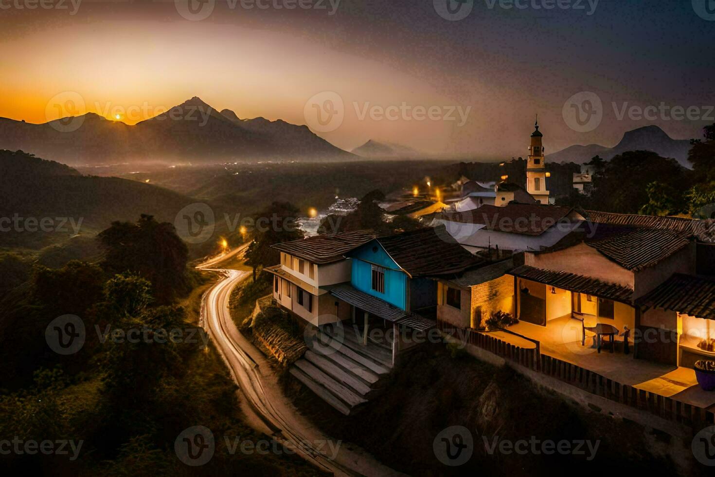 ein Dorf beim Sonnenuntergang mit Berge im das Hintergrund. KI-generiert foto