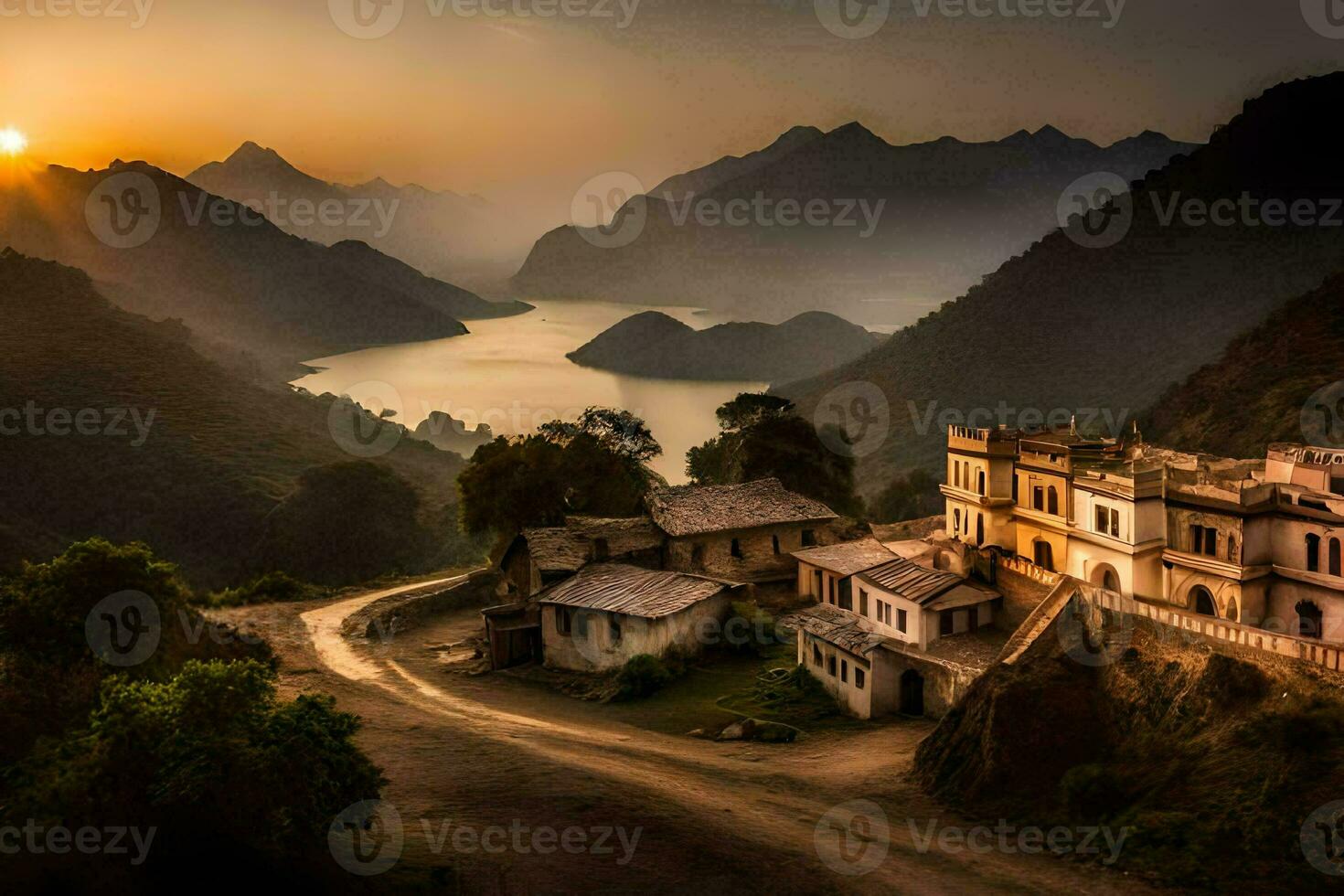 ein Dorf im das Berge beim Sonnenuntergang. KI-generiert foto